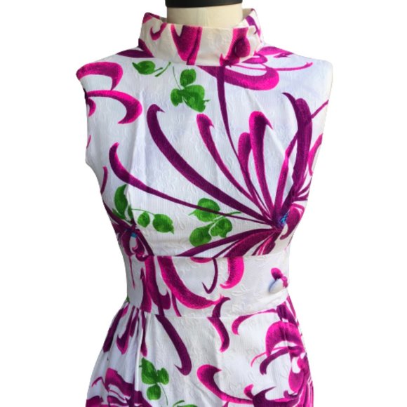 Vintage 60s Evelyn Margolis Hawaiian Floral Barkcloth Formal Maxi Dress XXS/XS - Picture 5 of 17